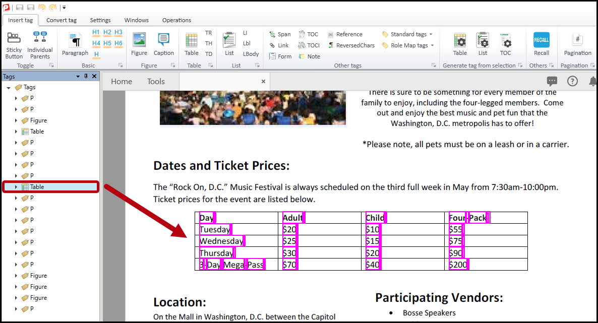 Screenshot showing a table tag selected in the tags tree with a data table selected in the physical view.