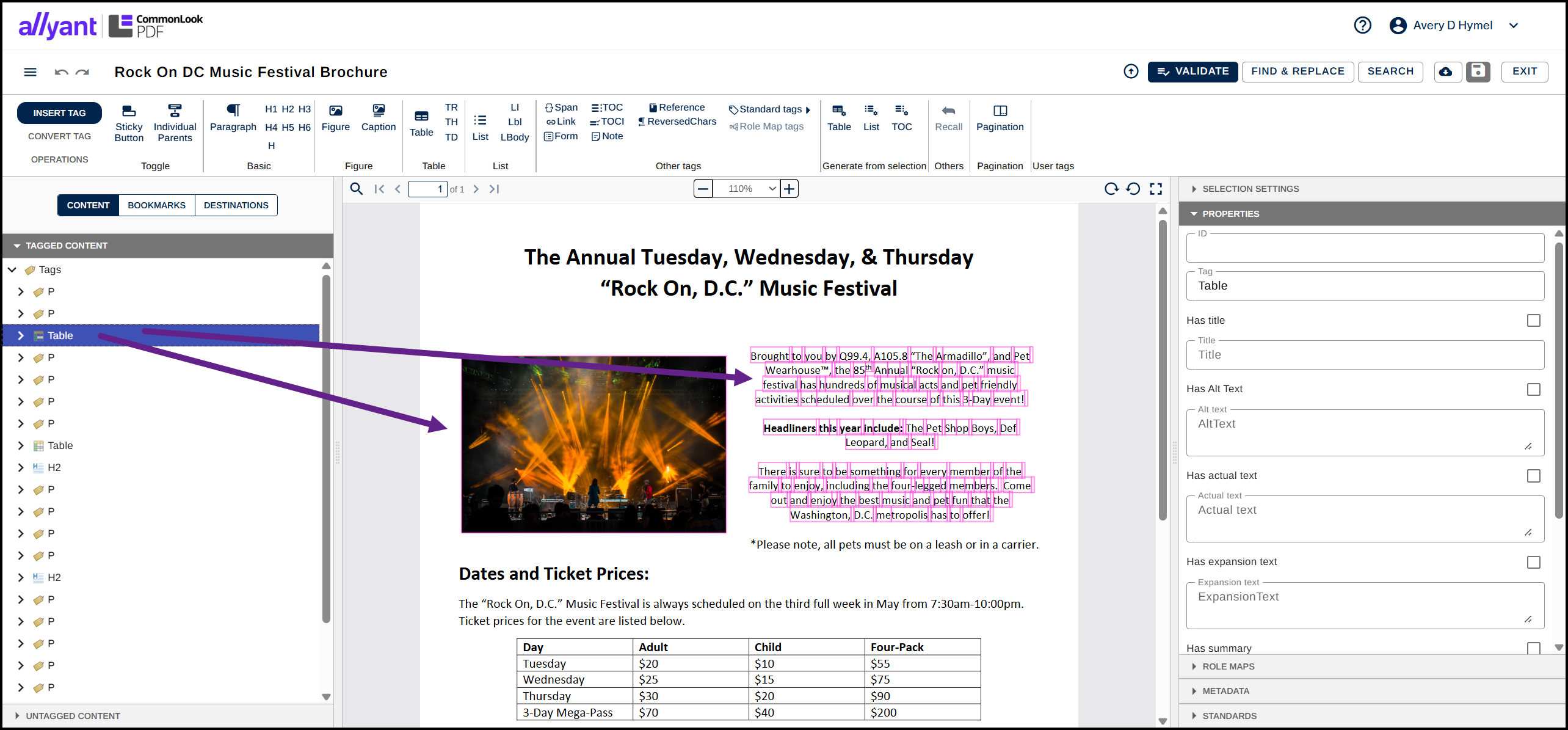 Screenshot showing table tags selected, with a picture and paragraphs highlighted in the physical view.