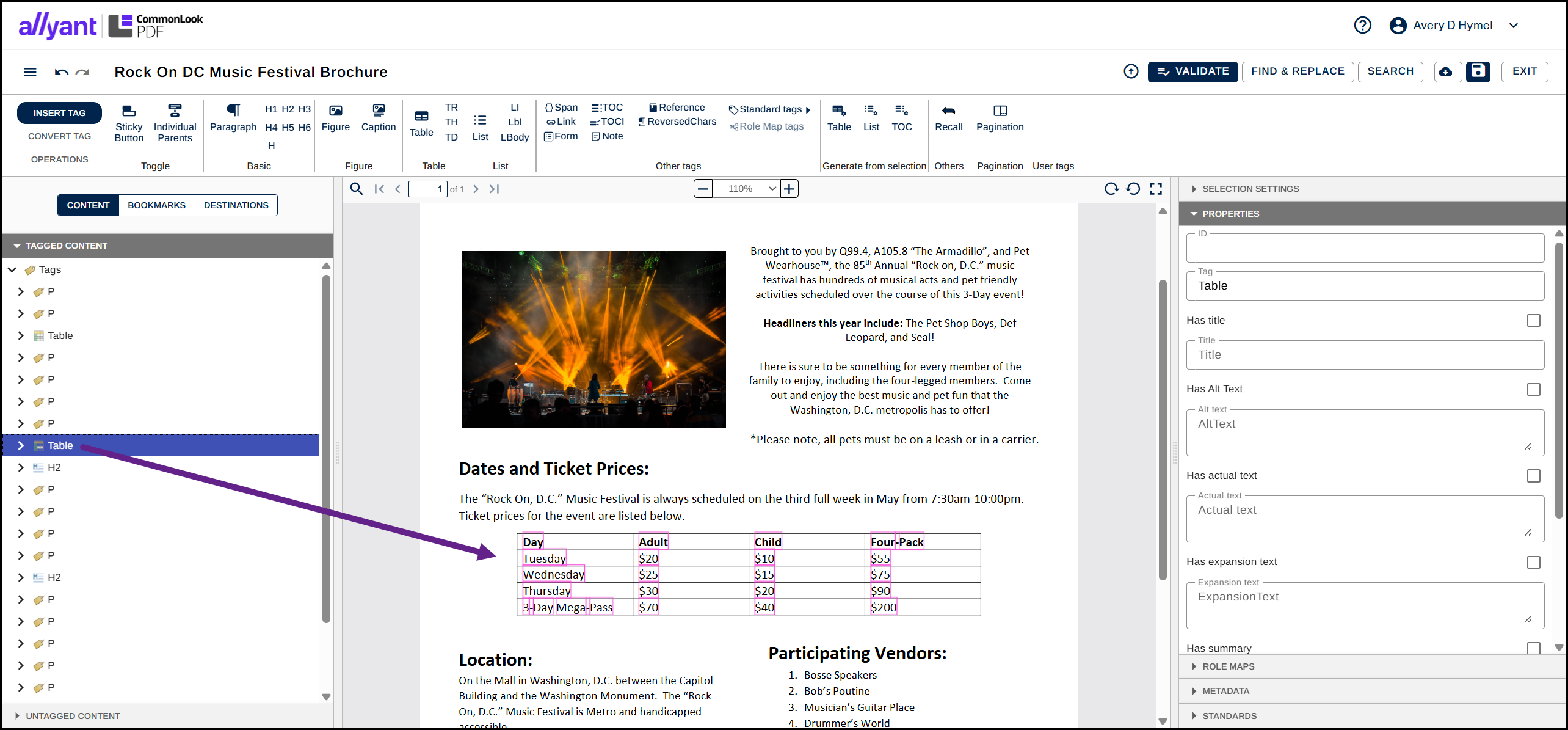 Screenshot showing a table tag selected in the tags tree with a data table selected in the physical view.