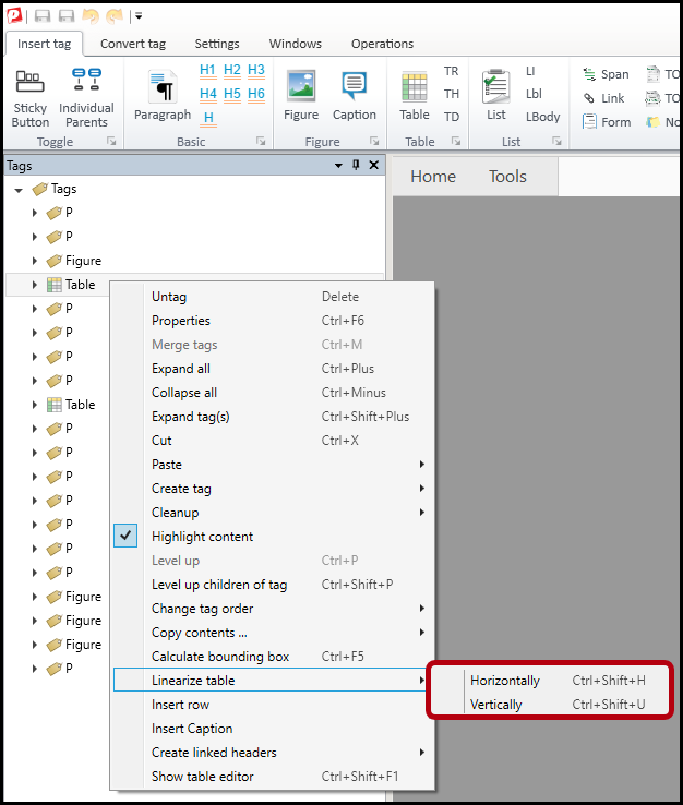A table tag is selected in the Tags tree and the context menu is open showing the Linearize table options as described in this step.  
