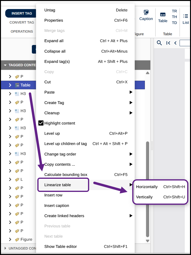 A table tag is selected in the Tags tree and the context menu is open showing the Linearize table options as described in this step.