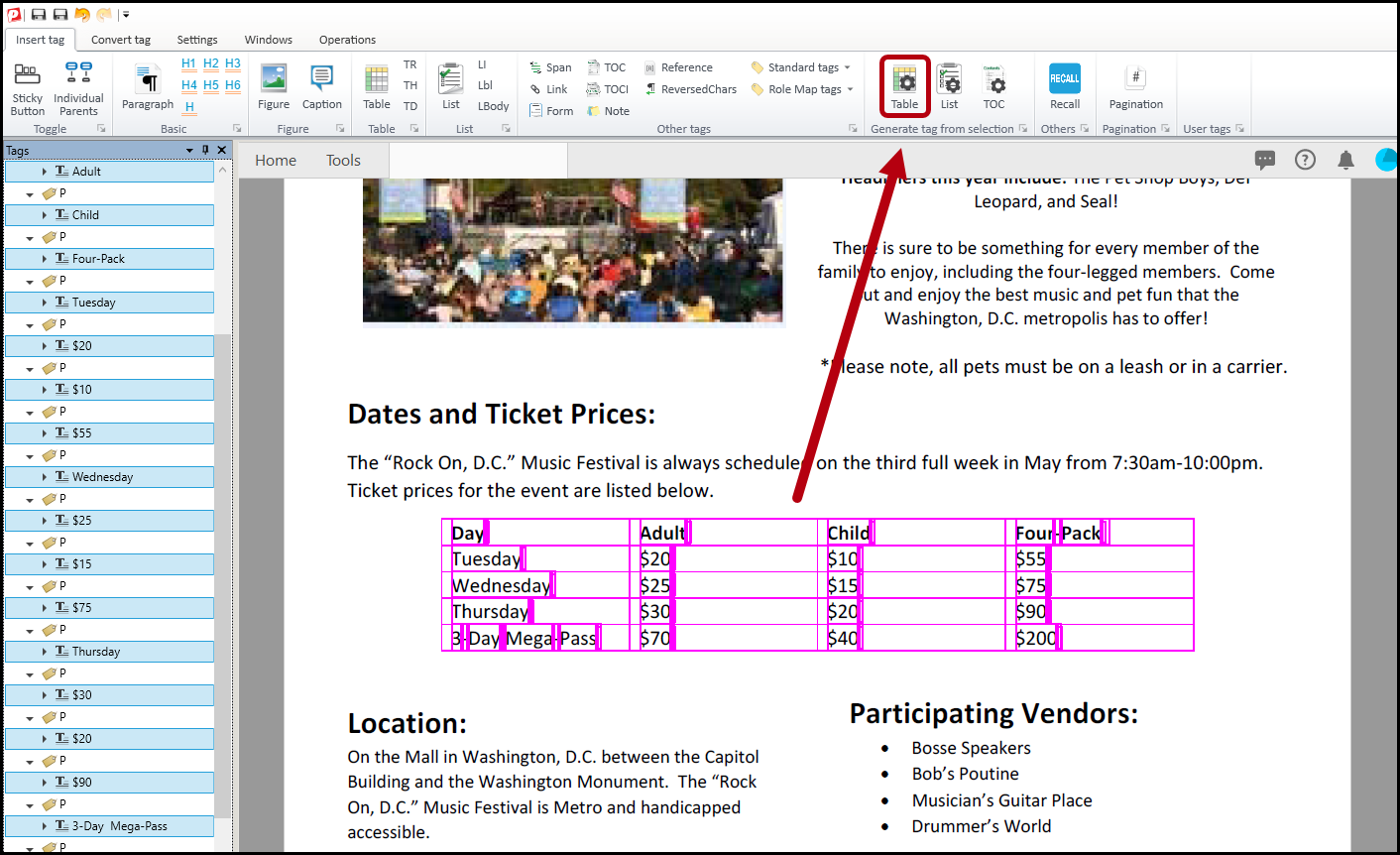 A table is highlighted in the physical view and the Generate Table button is identified in the ribbon.  
