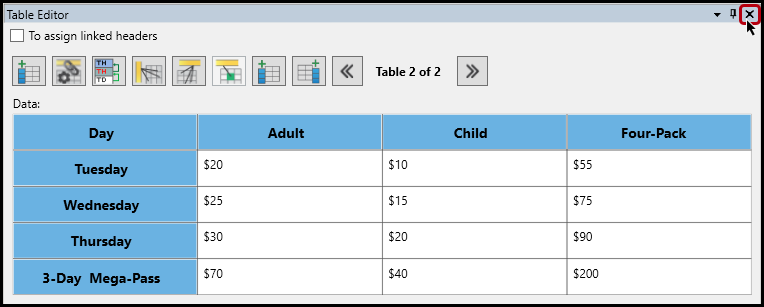 The "X" to close the table editor is highlighted.  