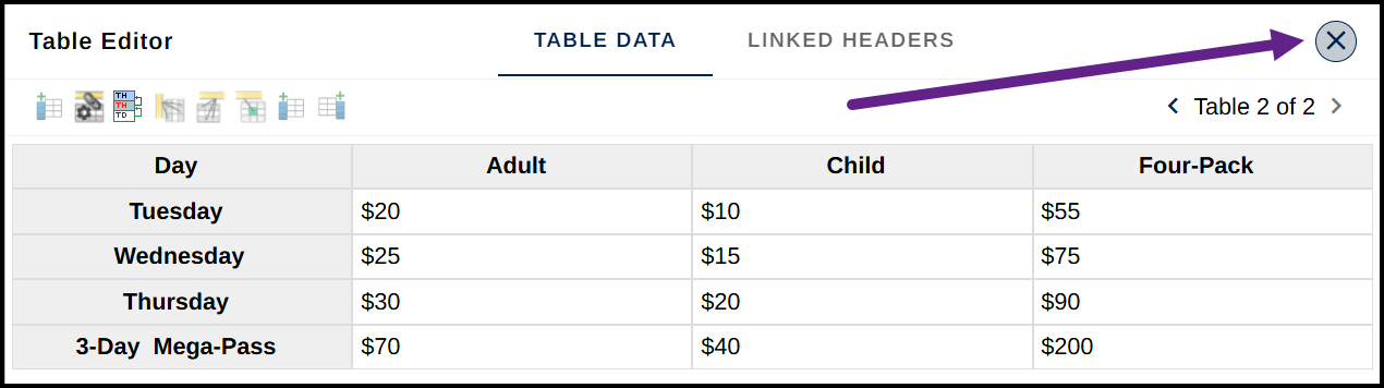 The "X" to close the table editor is highlighted.  
