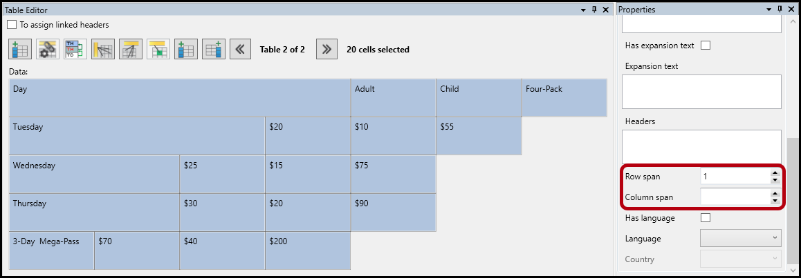 The table editor with all of the cells selected. The row and column span controls are highlighted in the Properties panel.
