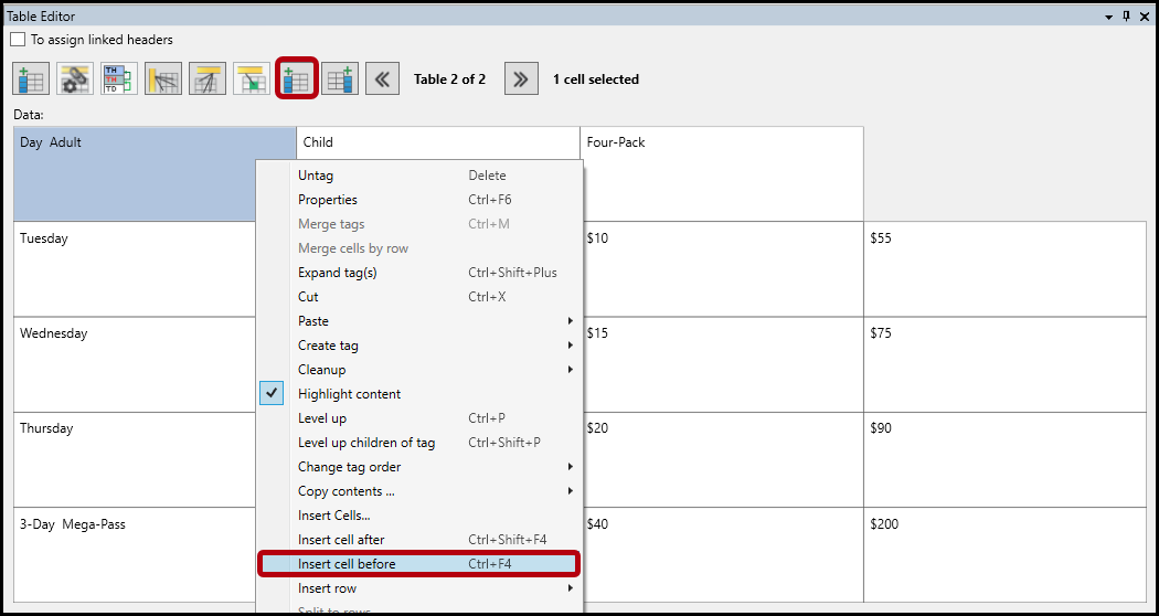 A cell is selected and the context menu to "insert a cell before" is highlighted. The Table Editor Button for "Insert Cell Before" is also highlighted