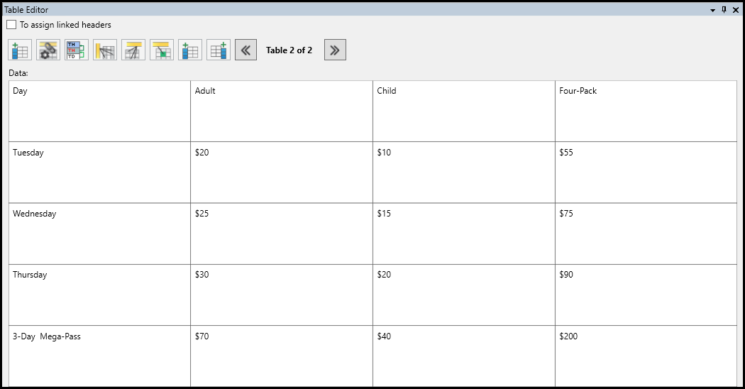 The table editor with the new cell created and the correct text inserted into the new cell.