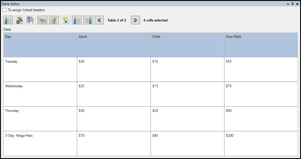 The top row of cells in the table editor have been selected.
