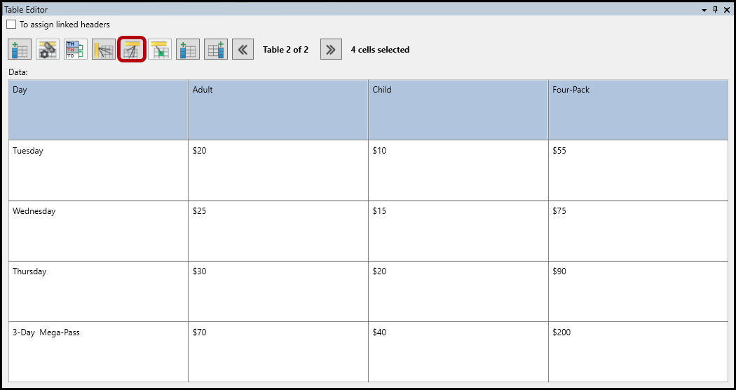 The button in the table editor to convert cells to headers and assign their scope as column headers is highlighted.