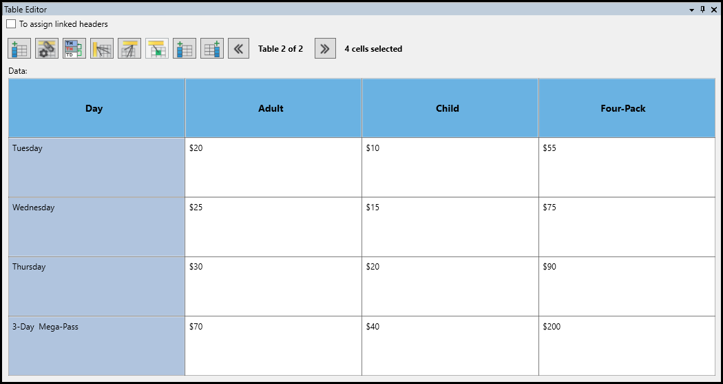 The row header cells are selected in the table editor.
