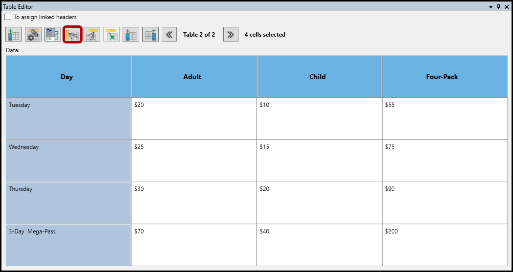 The button in the table editor to convert cells to header cells and to assign the scope of row is highlighted.