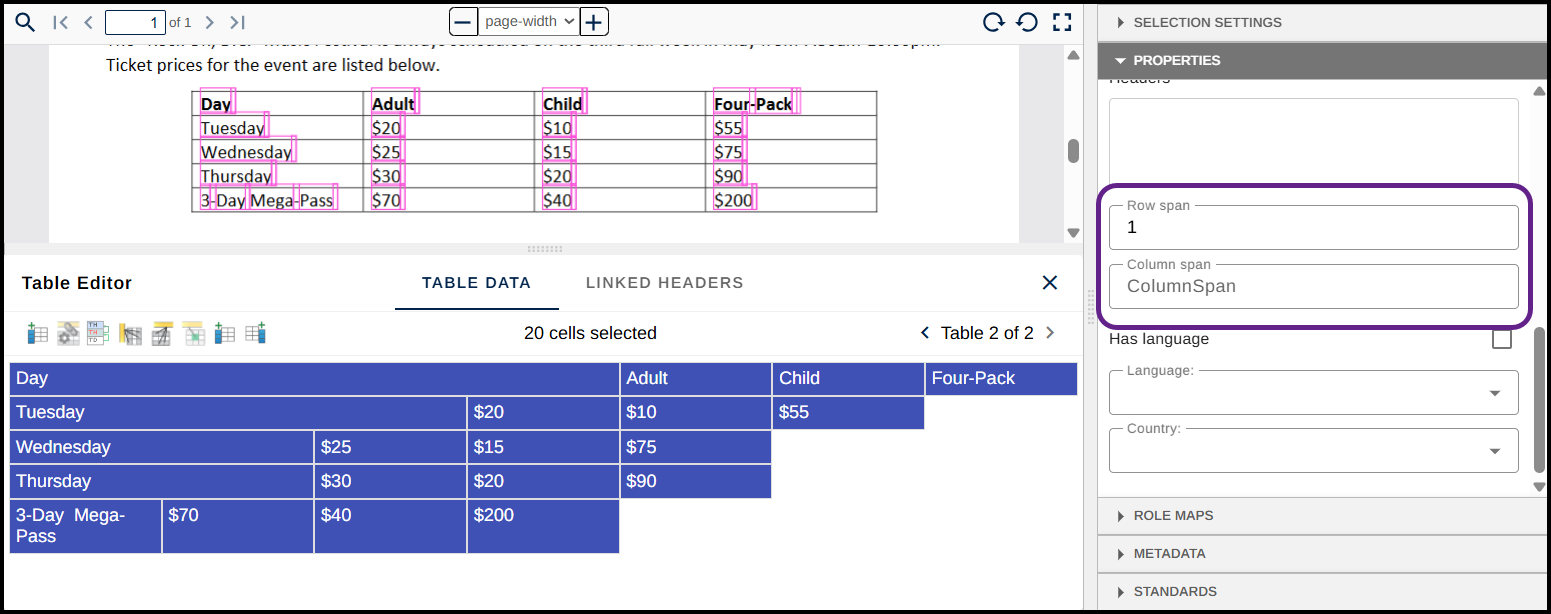 The table editor with all of the cells selected. The row and column span controls are highlighted in the Properties panel.