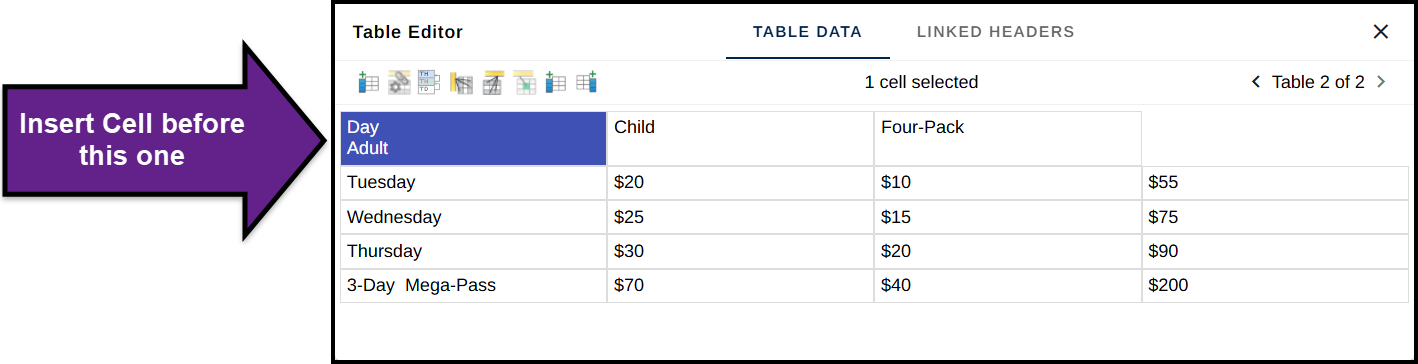 The table editor is open and a cell is missing from the top row. A new cell needs to be added to the beginning of the row.