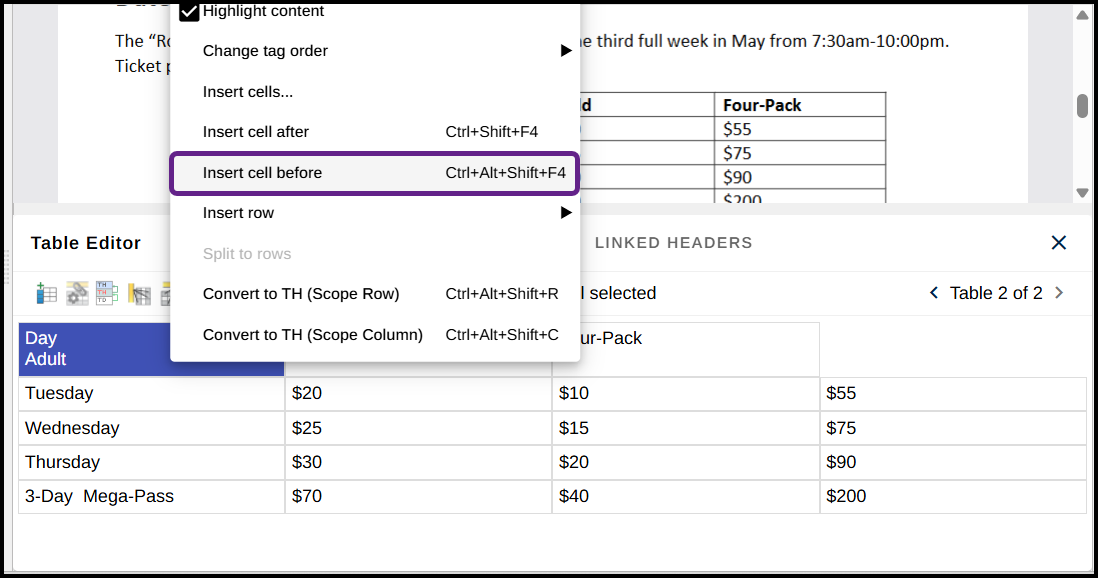 A cell is selected and the context menu to "insert a cell before" is highlighted. The Table Editor Button for "Insert Cell Before" is also highlighted