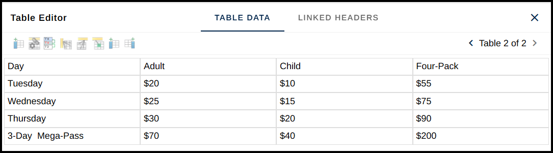 The table editor with the new cell created and the correct text inserted into the new cell.