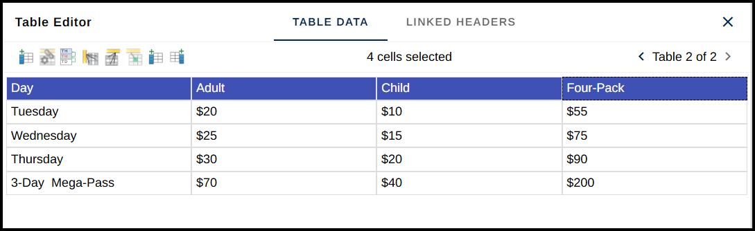 The top row of cells in the table editor have been selected.