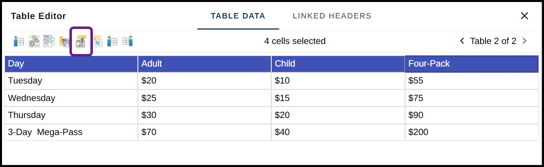 The button in the table editor to convert cells to headers and assign their scope as column headers is highlighted.