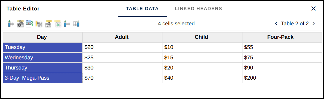 The row header cells are selected in the table editor.