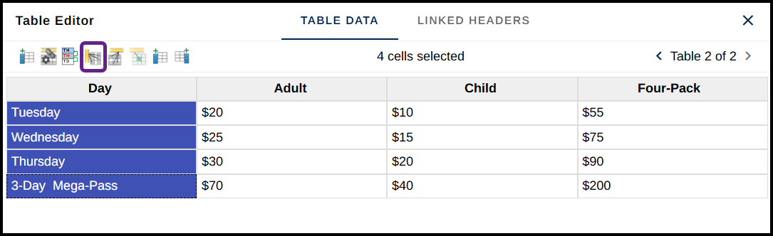 The button in the table editor to convert cells to header cells and to assign the scope of row is highlighted.