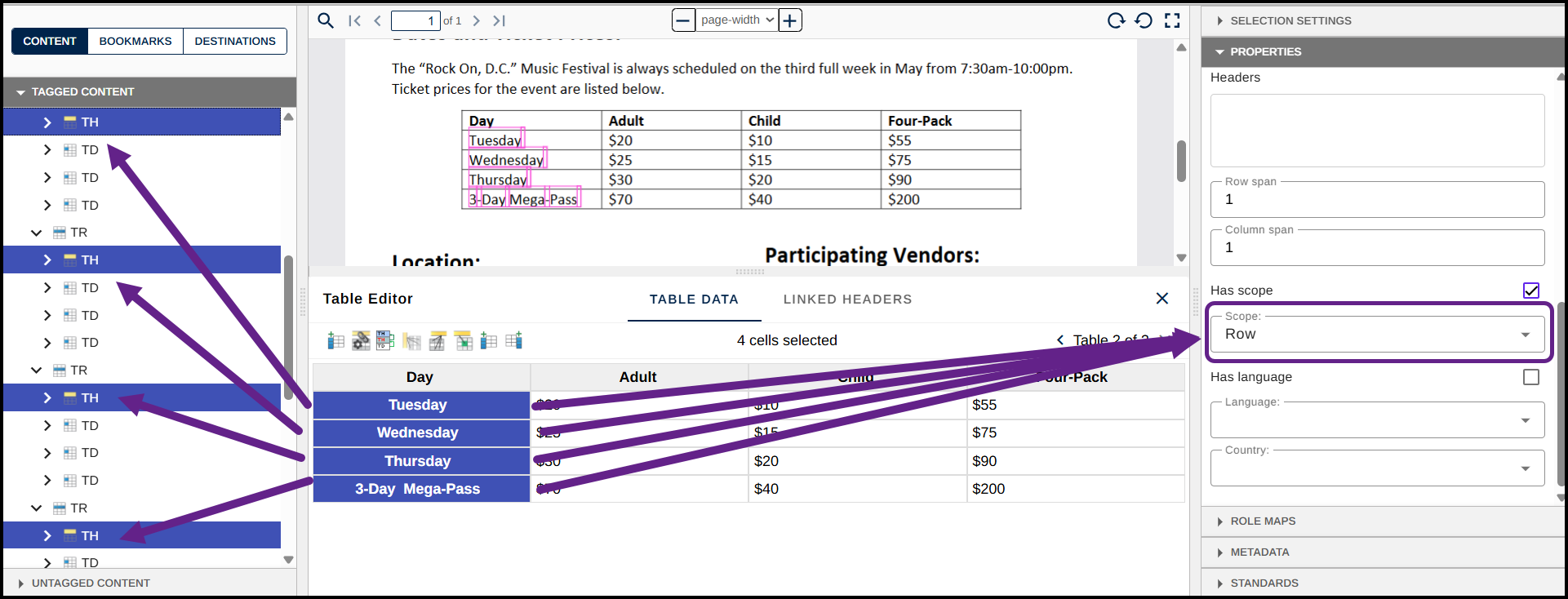 screenshot showing the Table Editor, Tags tree, and cell Properties panel confirming the completed, correctly scoped table