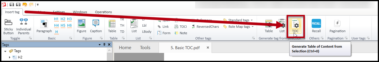 The Insert tag tab on the ribbon with the button to generate a TOC highlighted.