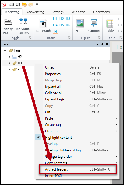 The TOC tag is selected, the context menu is open, and the option to Artifact leaders is highlighted.