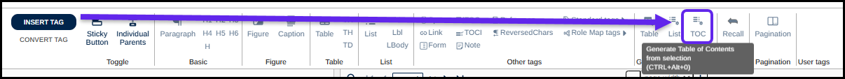The Insert tag tab on the ribbon with the button to generate a TOC highlighted.