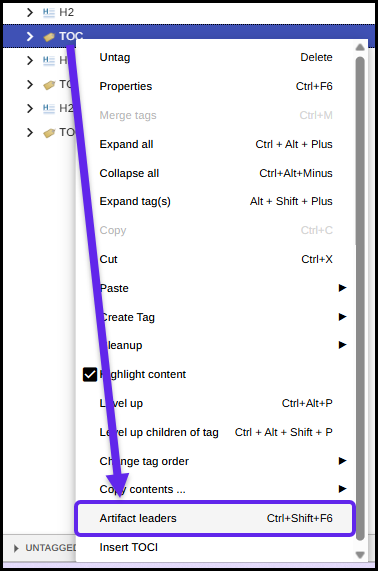 The TOC tag is selected, the context menu is open, and the option to Artifact leaders is highlighted.