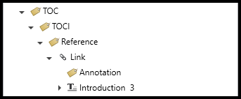A TOC tag with the first TOCI open showing the Reference tag containing a  link tag.  The link tag contains the text and the annotation. 
