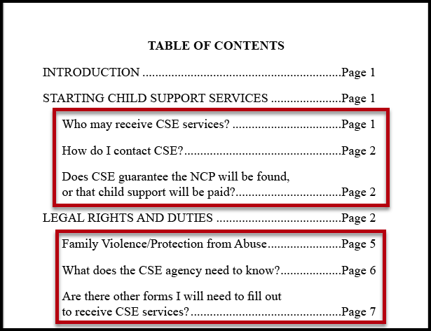Screenshot of the physical view of a Table of Contents.  There are three "main" sections and two nested sections (below and indented from the main sections). The nested sections have been outlined. 