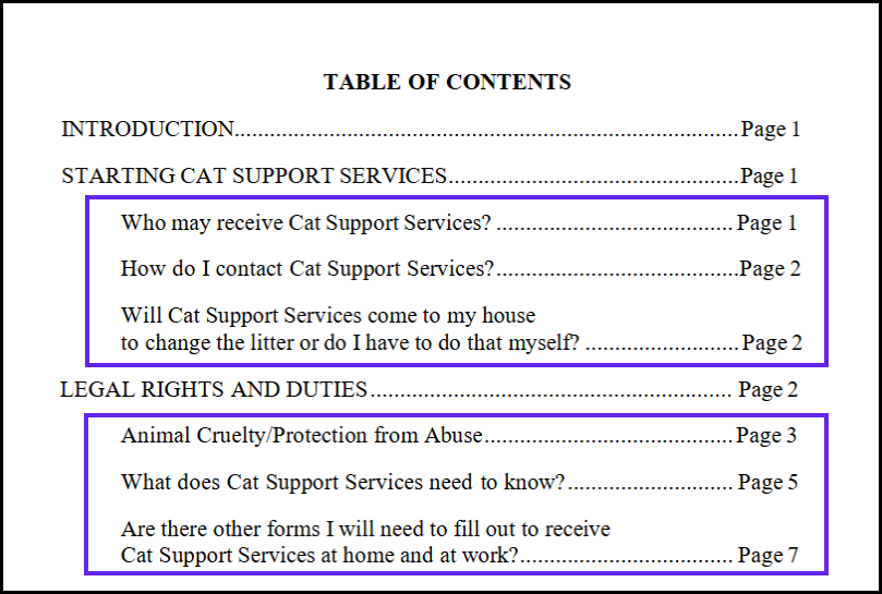 Screenshot of the physical view of a Table of Contents.  There are three "main" sections and two nested sections (below and indented from the main sections). The nested sections have been outlined. 