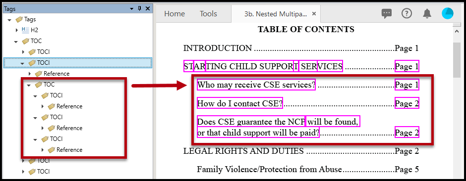 Screenshot of a properly tagged nested TOC with the tags open to verify, as described in the preceding paragraph. 
