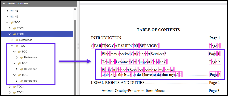 Screenshot of a properly tagged nested TOC with the tags open to verify, as described in the preceding paragraph. 