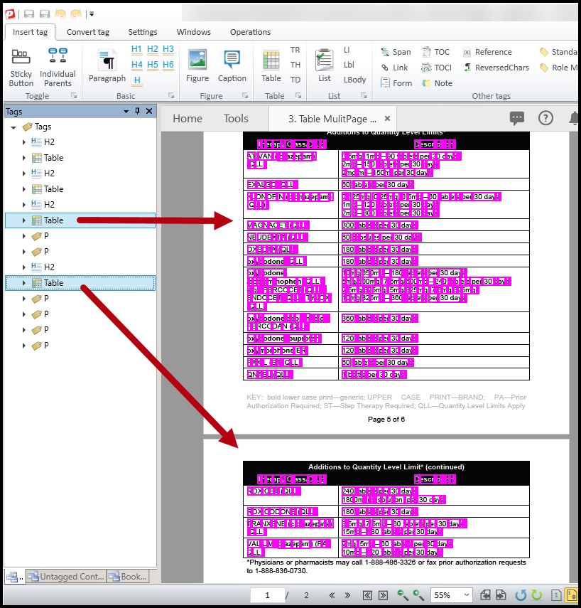 A table spanning two pages as described in the preceding paragraph.  