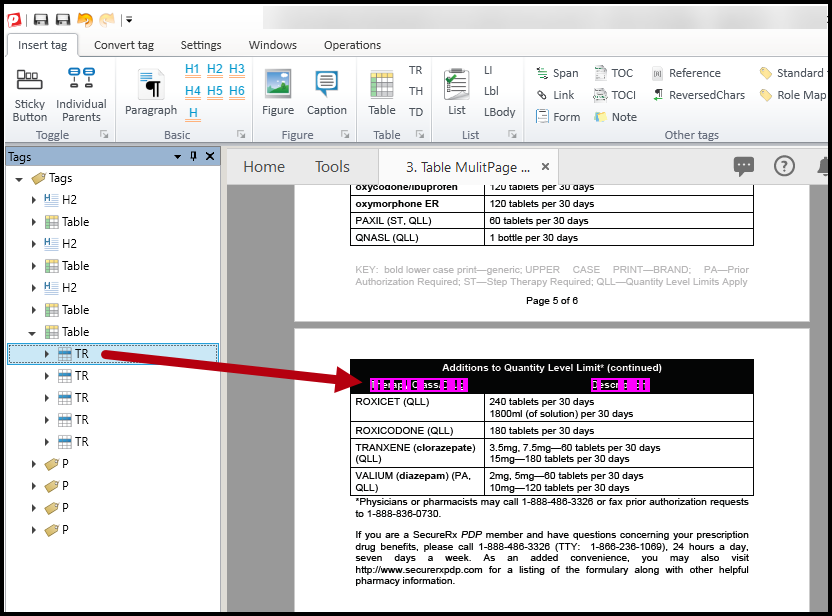 Screenshot highlighting the Table row tag containing the column headers in the second table.  