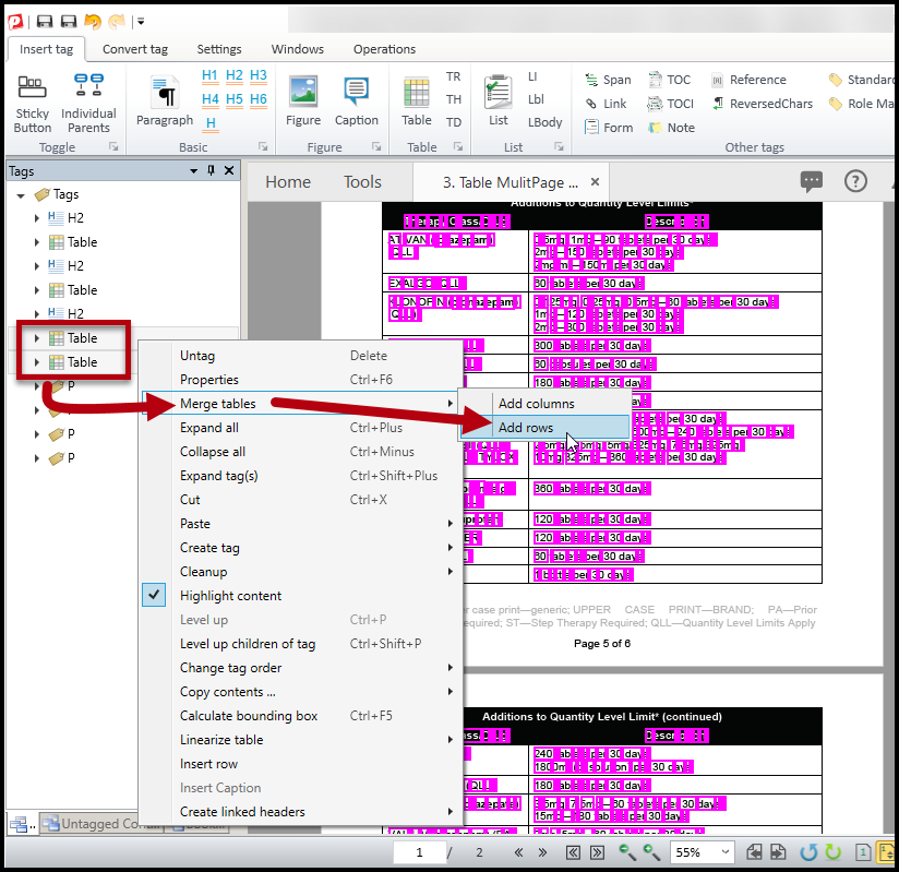 Two Table tags are selected and the option to Merge the tables adding rows is highlighted.  