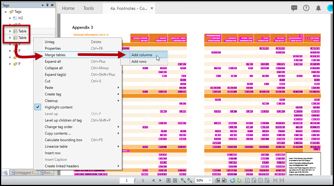 Two Table tags are selected in the Tags tree, the context menu to merge tables is open, and Add Columns is highlighted. 