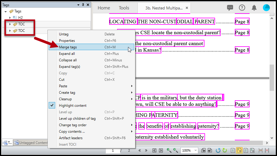 Two TOC tags are selected in the Tags tree, the context menu is open, and the option to Merge Tags is highlighted. 