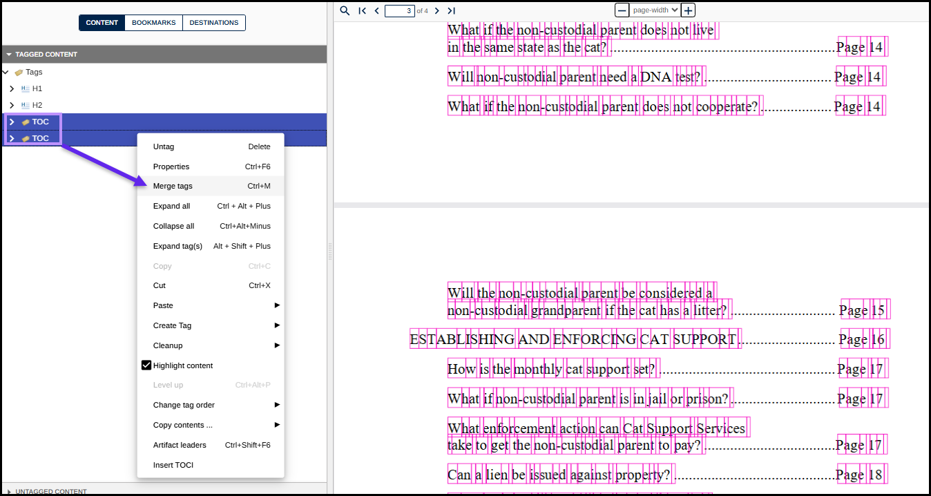 Two TOC tags are selected in the Tags tree, the context menu is open, and the option to Merge Tags is highlighted. 