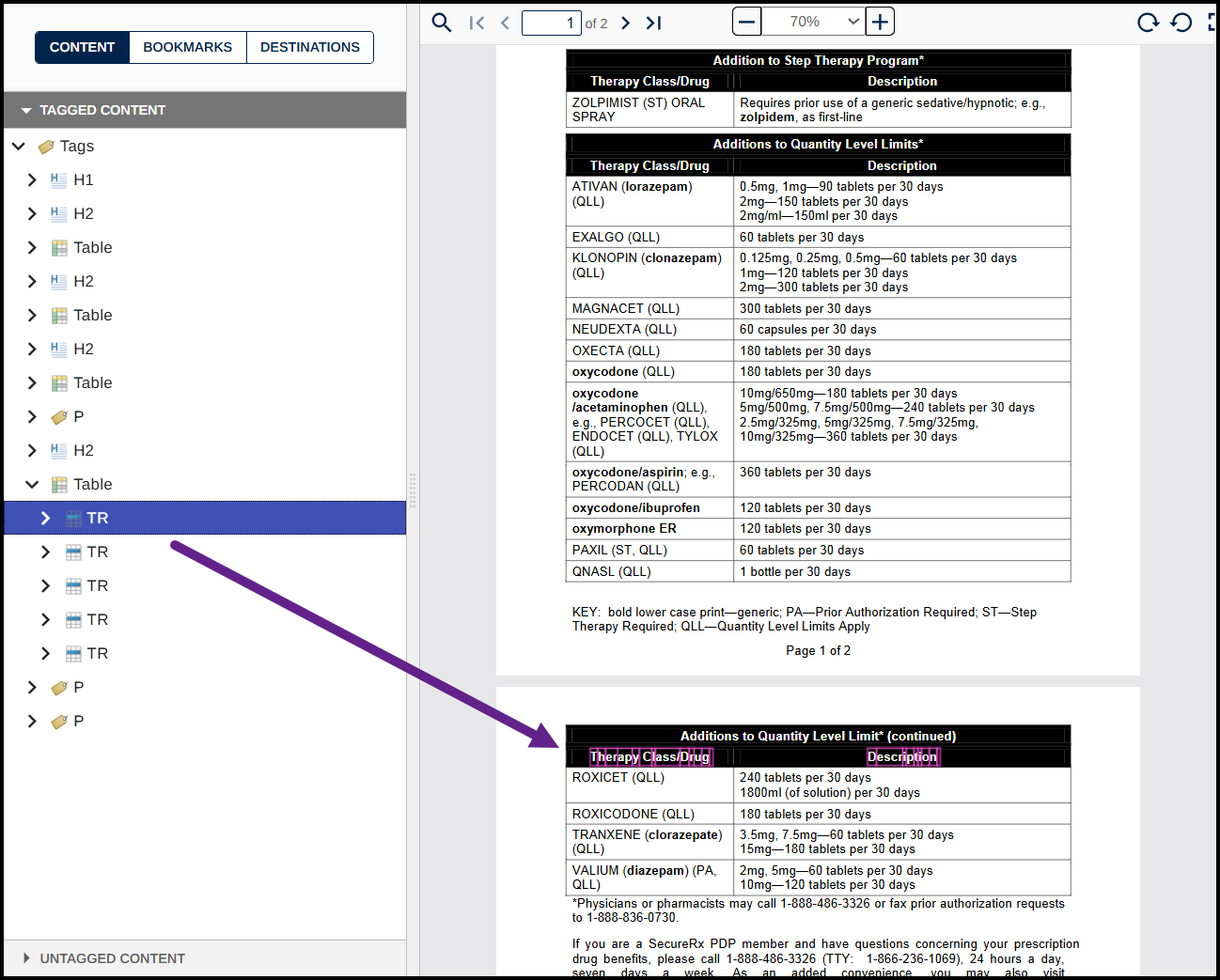 Screenshot highlighting the Table row tag containing the column headers in the second table.  