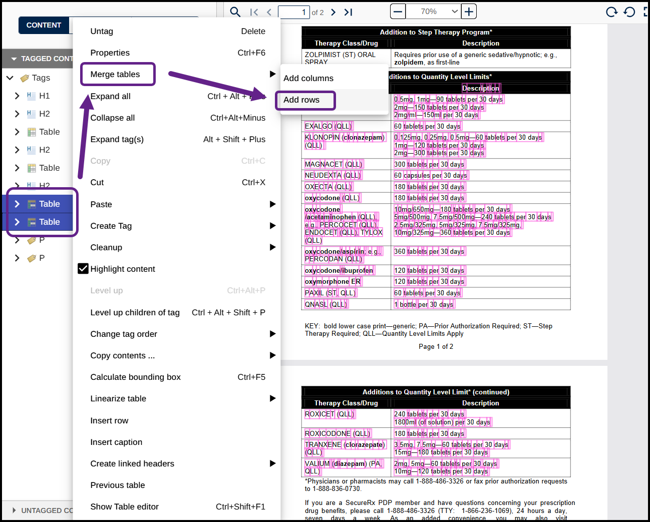 Two Table tags are selected and the option to Merge the tables adding rows is highlighted.  