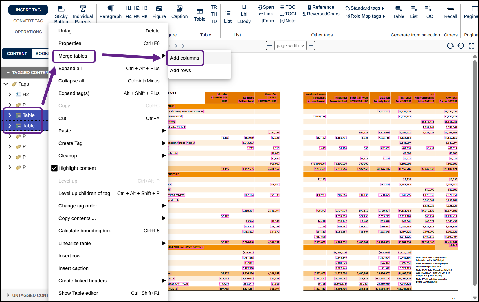 Two Table tags are selected in the Tags tree, the context menu to merge tables is open, and Add Columns is highlighted. 