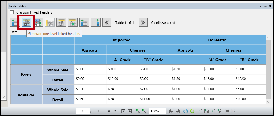 The button in the table editor to generate one level linked headers.  
