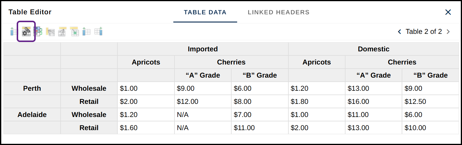 The button in the table editor to generate one level linked headers.  