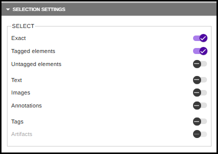 The Selection section of the Settings tab of the CommonLook PDF ribbon with "exact" and "tagged" toggled on