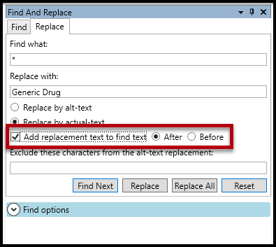 Screenshot of the Find and Replace panel in CommonLook with the checkbox highlighted and checked to "add the replacement text to the find text." 