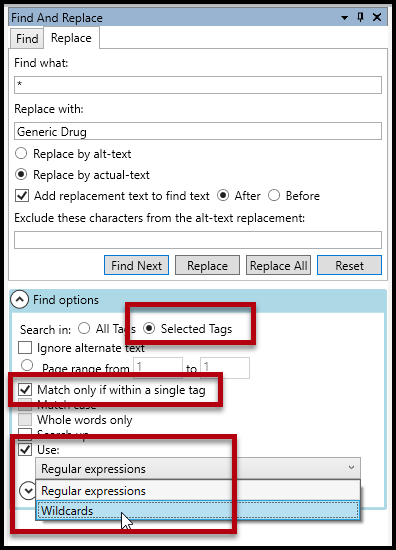 Screenshot of the Find Options section of the Find and Replace panel. The radio button for Selected Tags is chosen as are the checkboxes for Match only if within a single tag and Use.  The dropdown menu to choose Wildcards is also expanded.  