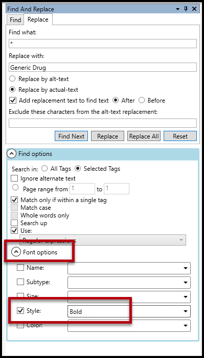 Screenshot of the Font Options section in the Find and Replace panel.  The Style checkbox is checked and Bold has been selected from the dropdown menu.  