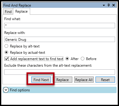 Screenshot showing the Find Next button highlighted in the Find and Replace panel. 