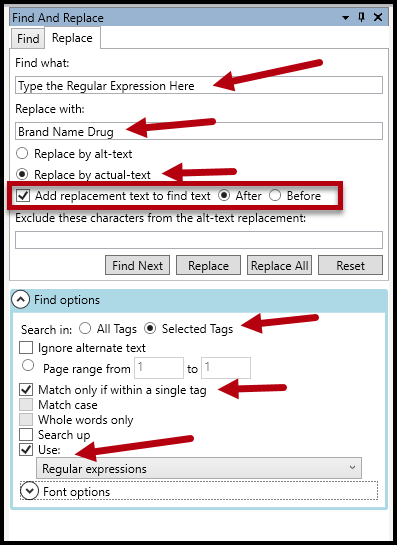 Screenshot of the Find and Replace panel with the parameters set, as outlined above, to search using Regular Expressions. 